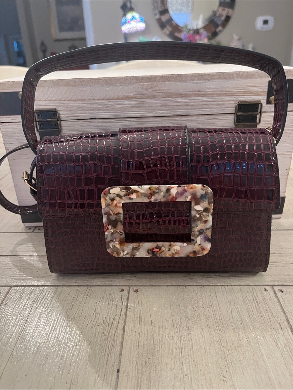 ASOS Burgundy Croc-Embossed Crossbody with Tortoiseshell Buckle